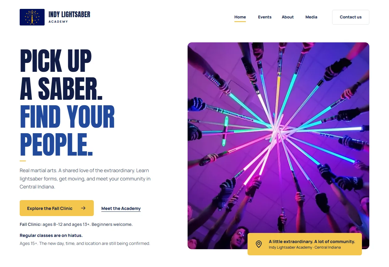 Indy Lightsaber Academy community website design